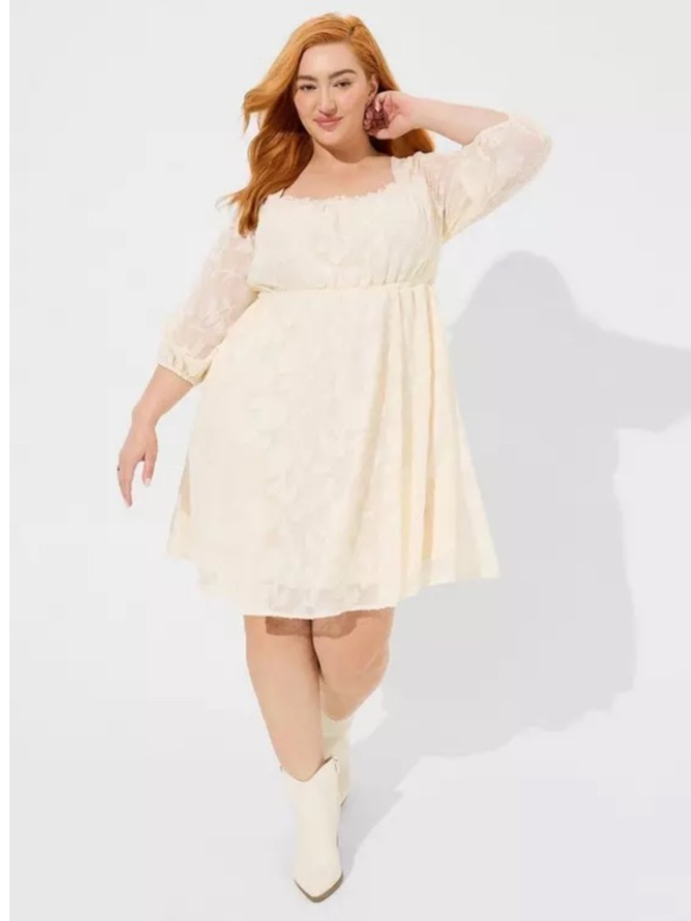 Torrid Floral Square Neck Elastic Waist Tiered A-Line Mini Dress Boho Cream 2X